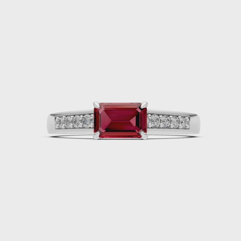 Garnet East West Emerald Cut Gemstone Ring with Accents