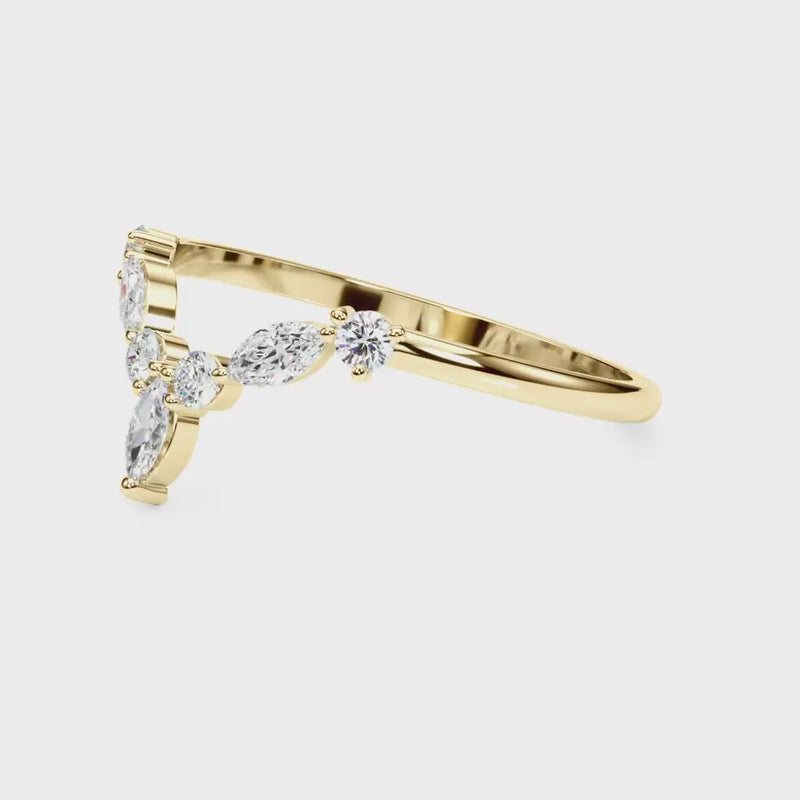 Round and Marquise Lab Grown Diamonds Chevron Wedding Gold Ring