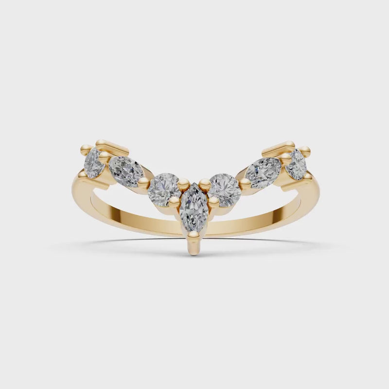 Round and Marquise Lab Grown Diamonds Chevron Wedding Gold Ring
