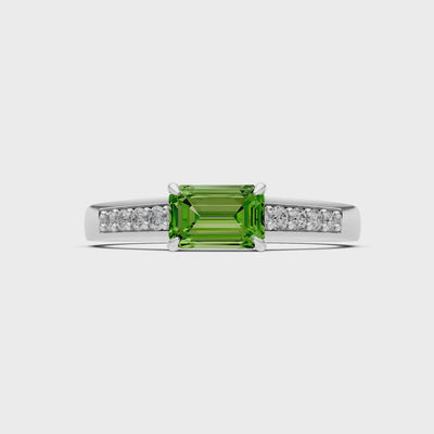 Peridot East West Emerald Cut Gemstone Ring with Accents