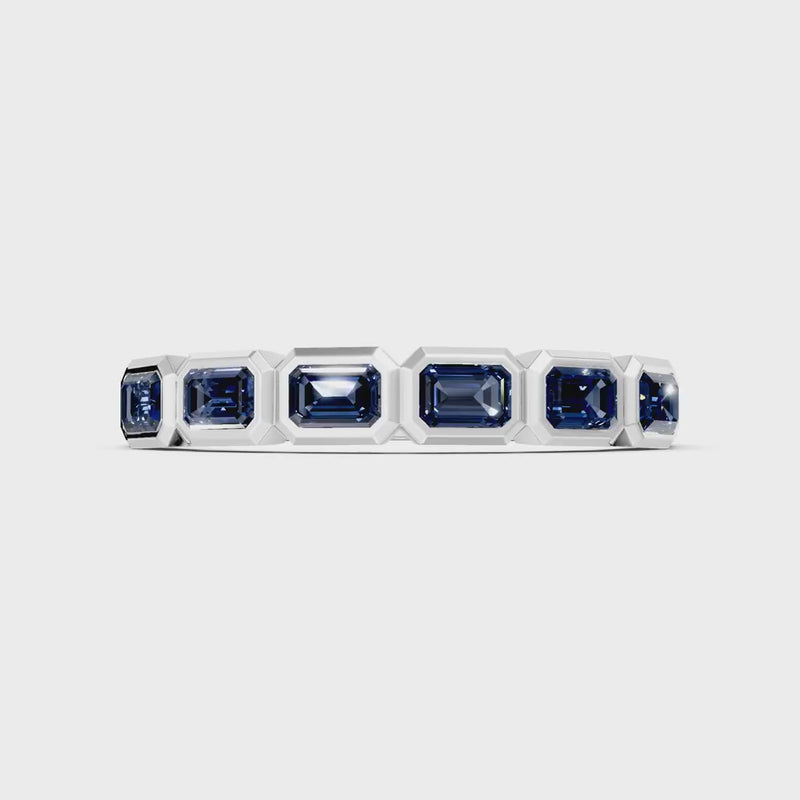 Blue Sapphire Minimalist Bezel Set Emerald Cut Half Eternity Band