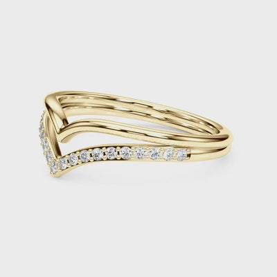 10k Yellow Gold heart-shaped and chevron contour design ring, accented with a row of sparkling round-cut diamonds