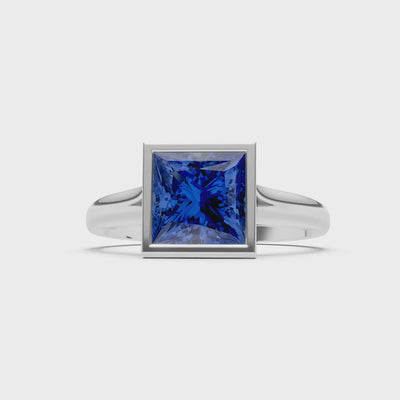 Blue Sapphire Princess Shape Bezel Solitaire Ring