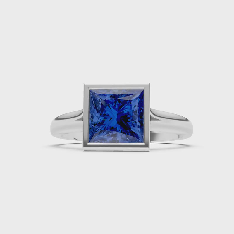 Blue Sapphire Princess Shape Bezel Solitaire Ring