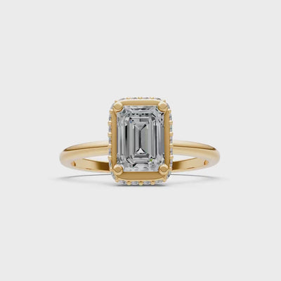 Emerald Lab Grown Diamond Hidden Double Halo Engagement Gold Ring
