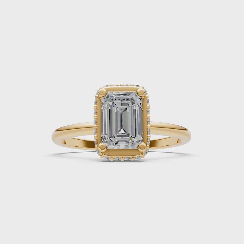 Emerald Lab Grown Diamond Hidden Double Halo Engagement Gold Ring