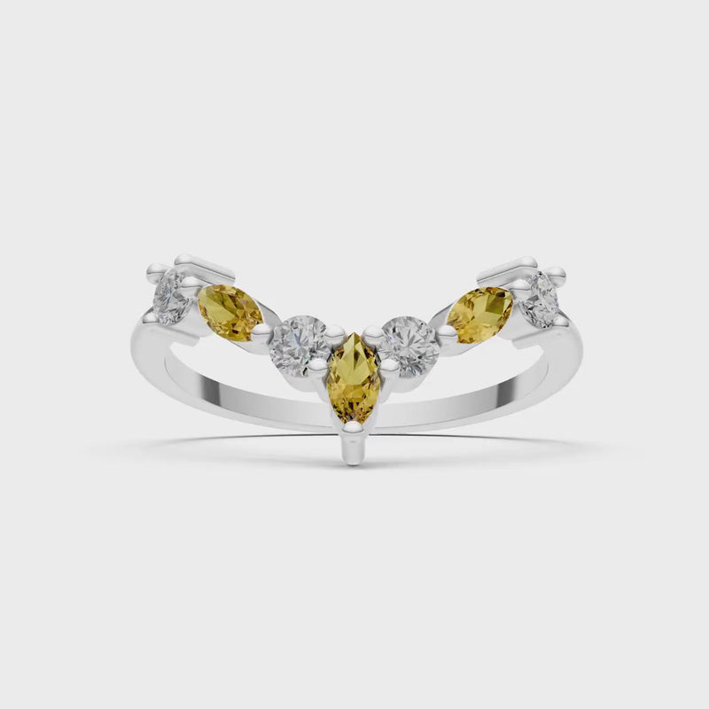 Citrine Round and  Marquise Chevron Wedding Ring