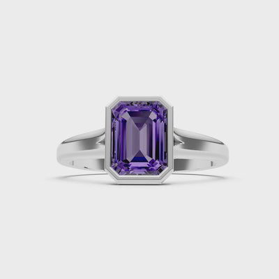 Amethyst Emerald Cut Bezel Set Solitaire Ring