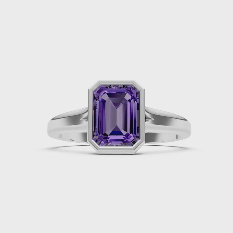 Amethyst Emerald Cut Bezel Set Solitaire Ring