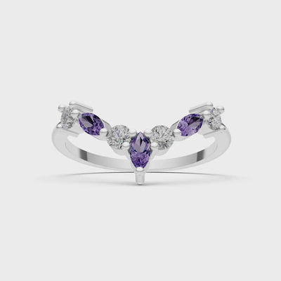 Amethyst Round and  Marquise Chevron Wedding Ring