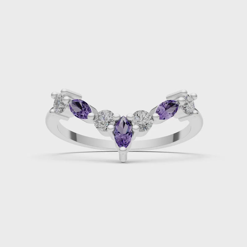 Amethyst Round and  Marquise Chevron Wedding Ring