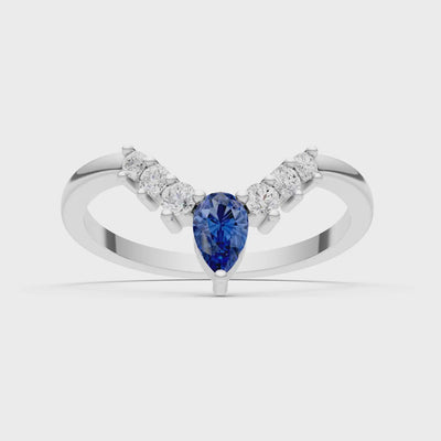 Blue Sapphire Pear & Round Shape Curved Wedding Band