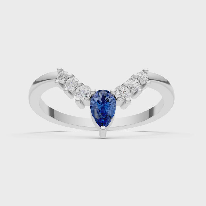 Blue Sapphire Pear & Round Shape Curved Wedding Band