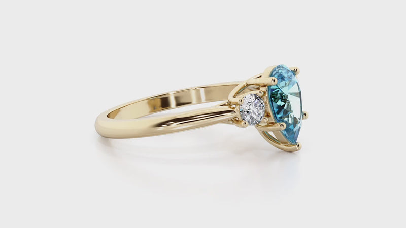 London Blue Topaz and Lab Grown Diamond 3-Stone Trellis Ring 14K Gold 1.80 Carats Pear Shape