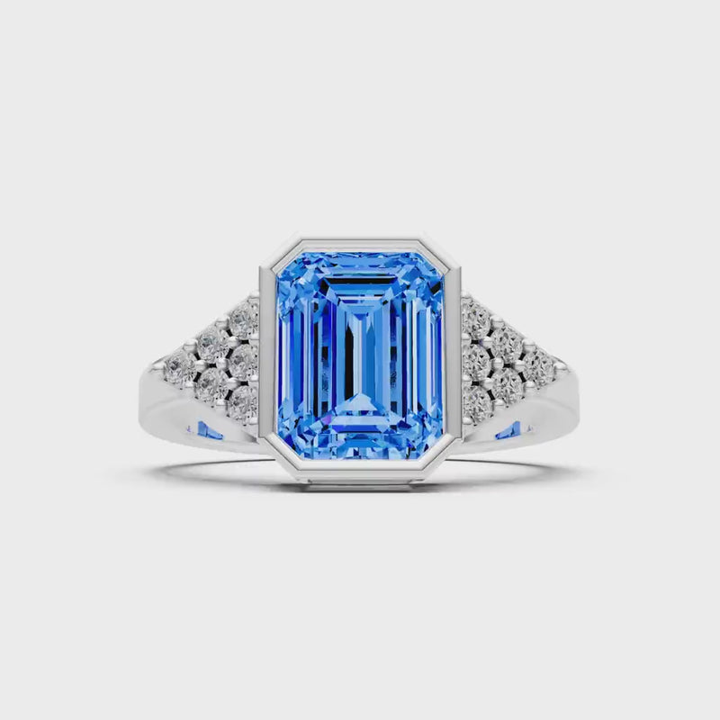 Swiss Blue Topaz Vintage Inspired Bezel Set Emerald Cut Cocktail Ring