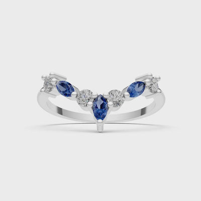 Blue Sapphire Round and  Marquise Chevron Wedding Ring