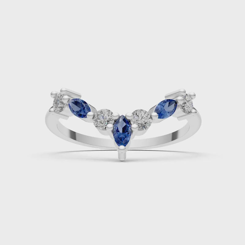 Blue Sapphire Round and  Marquise Chevron Wedding Ring
