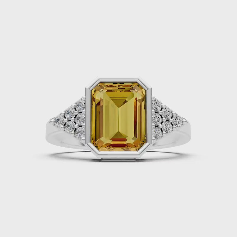 Citrine Vintage Inspired Bezel Set Emerald Cut Cocktail Ring