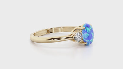 Blue Opal and Lab Grown Diamond 3-Stone Trellis Ring 14K Gold 1.30 Carats Oval