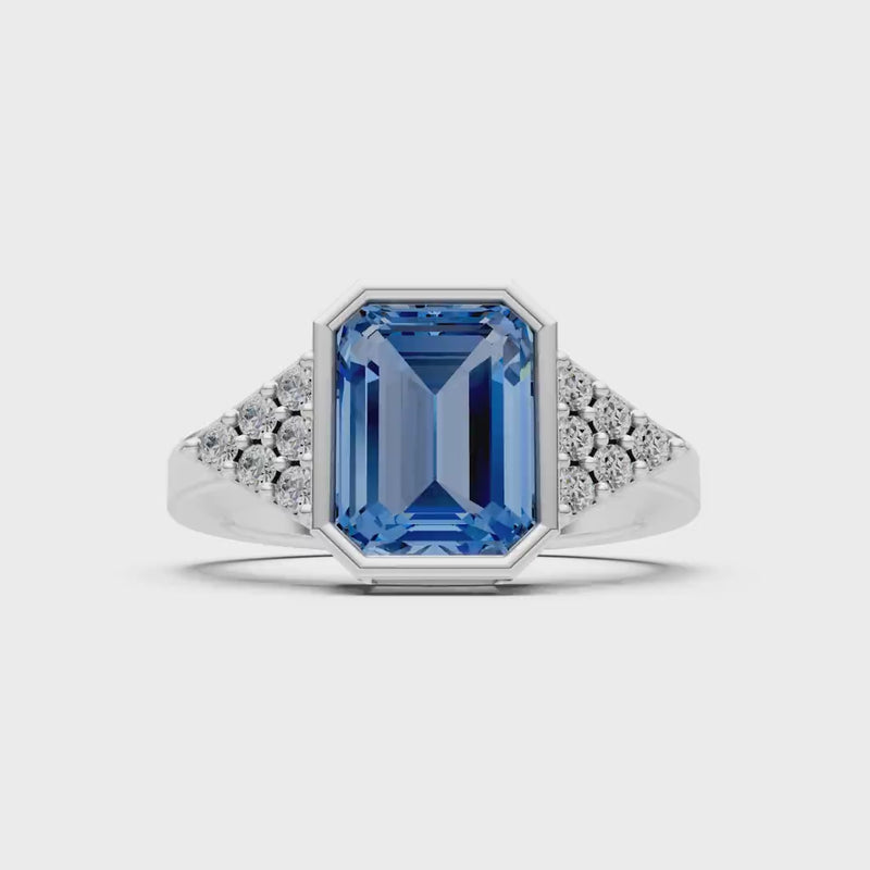 London Blue Topaz Vintage Inspired Bezel Set Emerald Cut Cocktail Ring