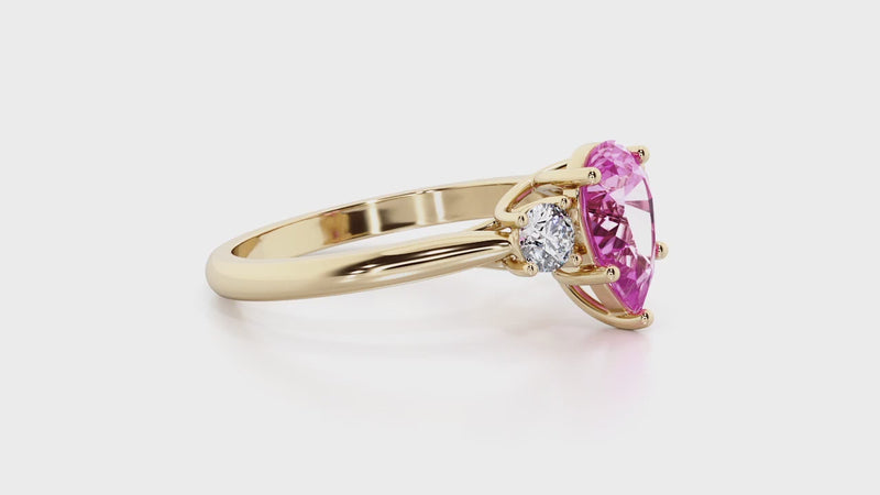 Pink Sapphire and Lab Grown Diamond 3-Stone Trellis Ring 14K Gold 2 Carats Pear Shape