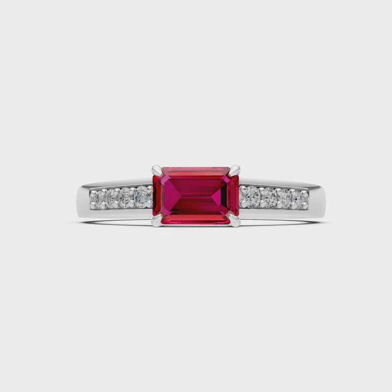 Ruby East West Emerald Cut Gemstone Ring with Accents