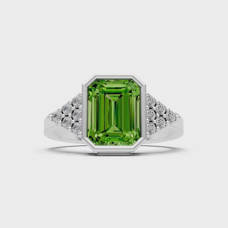 Peridot Vintage Inspired Bezel Set Emerald Cut Cocktail Ring