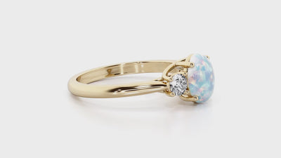 White Opal and Lab Grown Diamond 3-Stone Trellis Ring 14K Gold 1.30 Carats Oval