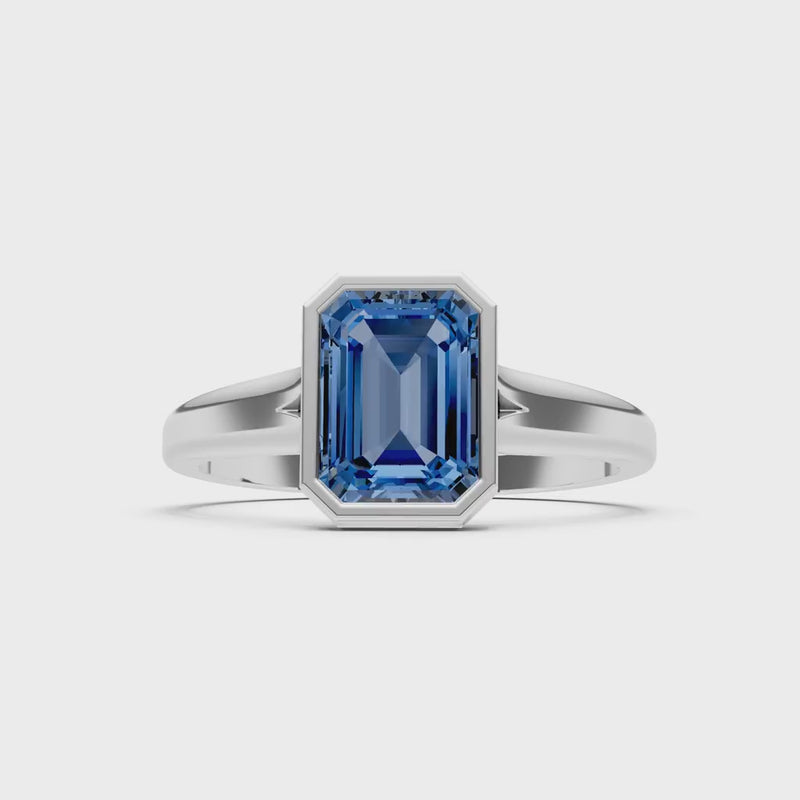 London Blue Topaz Emerald Cut Bezel Set Solitaire Ring