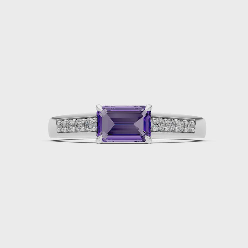 Amethyst East West Emerald Cut Gemstone Ring with Accents