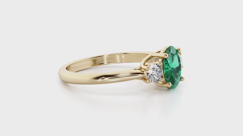 Emerald and Lab Grown Diamond 3-Stone Trellis Ring 14K Gold 1.30 Carats Oval