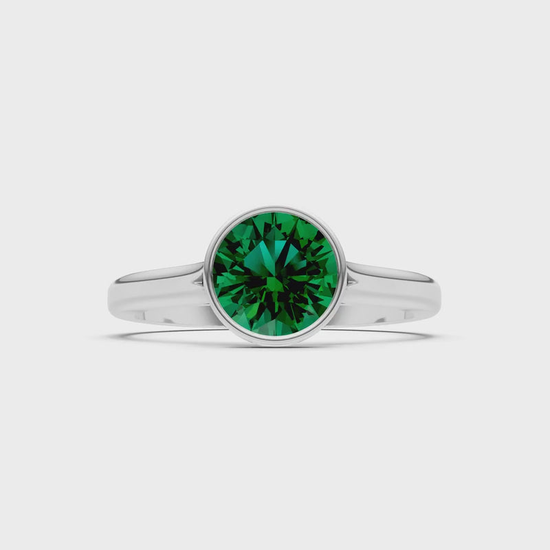 Created Emerald Round 6.5mm Normal Round Bezel Set Solitaire Ring