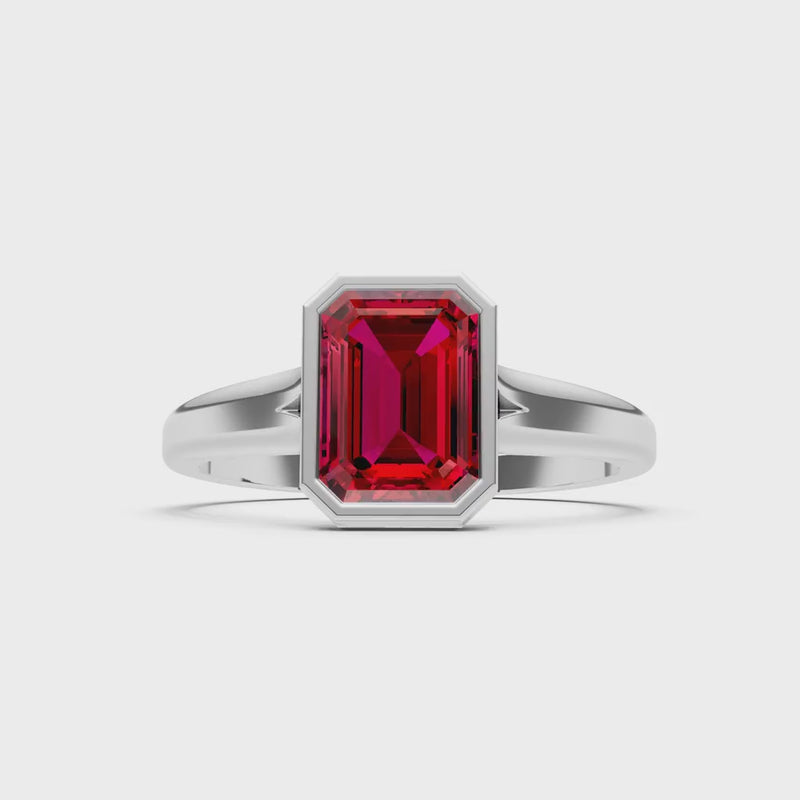 Ruby Emerald Cut Bezel Set Solitaire Ring