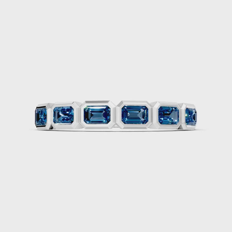 London Blue Topaz Minimalist Bezel Set Emerald Cut Half Eternity Band