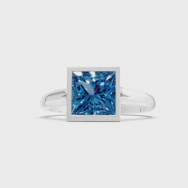 London Blue Topaz Princess Shape Bezel Solitaire Ring