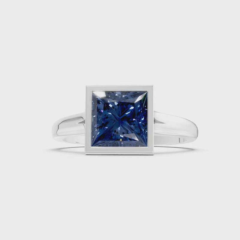 Blue Sapphire Princess Shape Bezel Solitaire Ring
