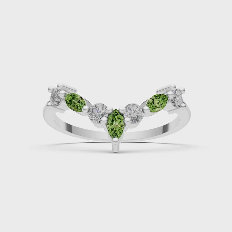 Peridot Round and  Marquise Chevron Wedding Ring