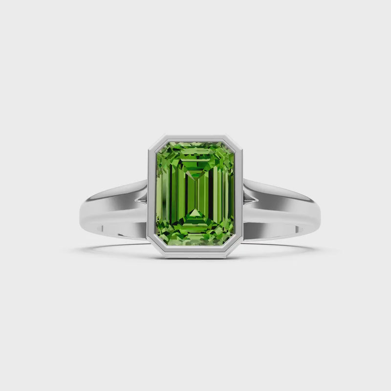 Peridot Emerald Cut Bezel Set Solitaire Ring