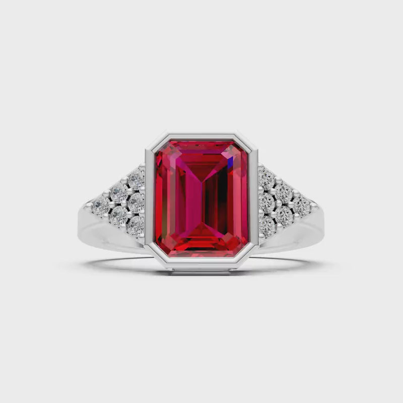 Ruby Vintage Inspired Bezel Set Emerald Cut Cocktail Ring