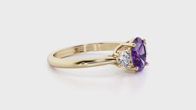 Amethyst and Lab Grown Diamond 3-Stone Trellis Ring 14K Gold 1.30 Carats Oval