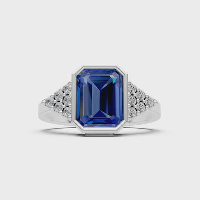 Blue Sapphire Vintage Inspired Bezel Set Emerald Cut Cocktail Ring