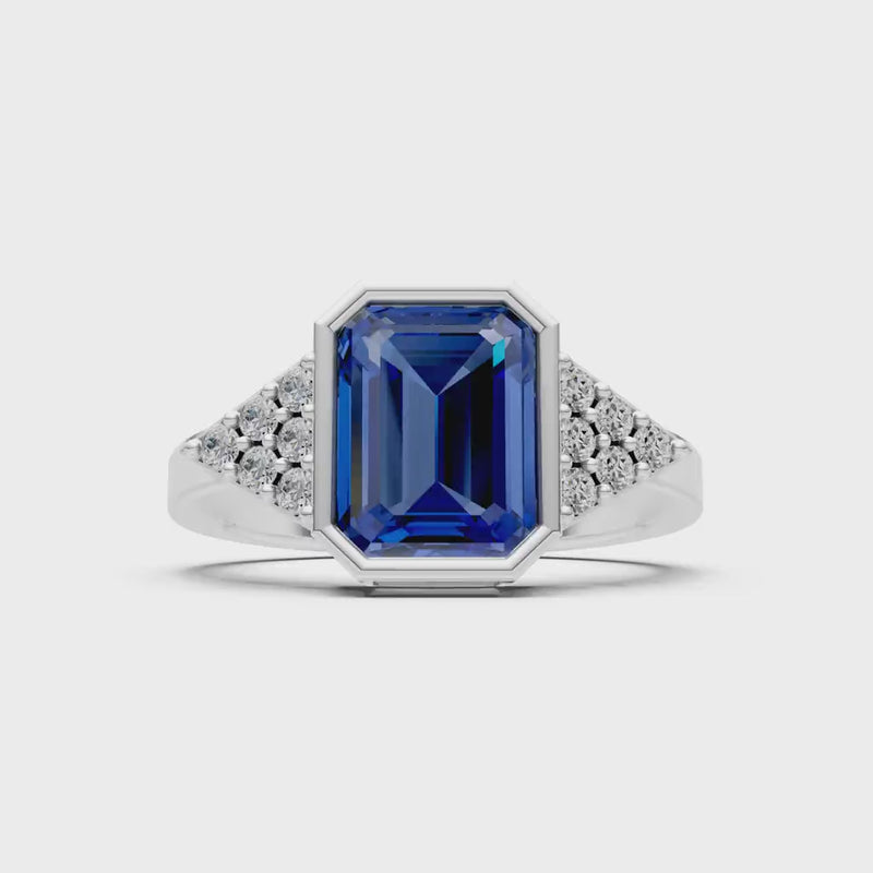 Blue Sapphire Vintage Inspired Bezel Set Emerald Cut Cocktail Ring