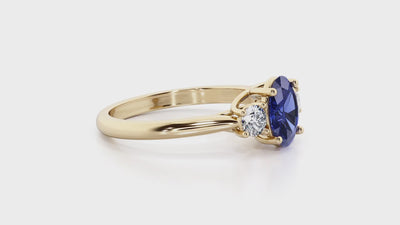 Blue Sapphire and Lab Grown Diamond 3-Stone Trellis Ring 14K Gold 2.10 Carats Oval