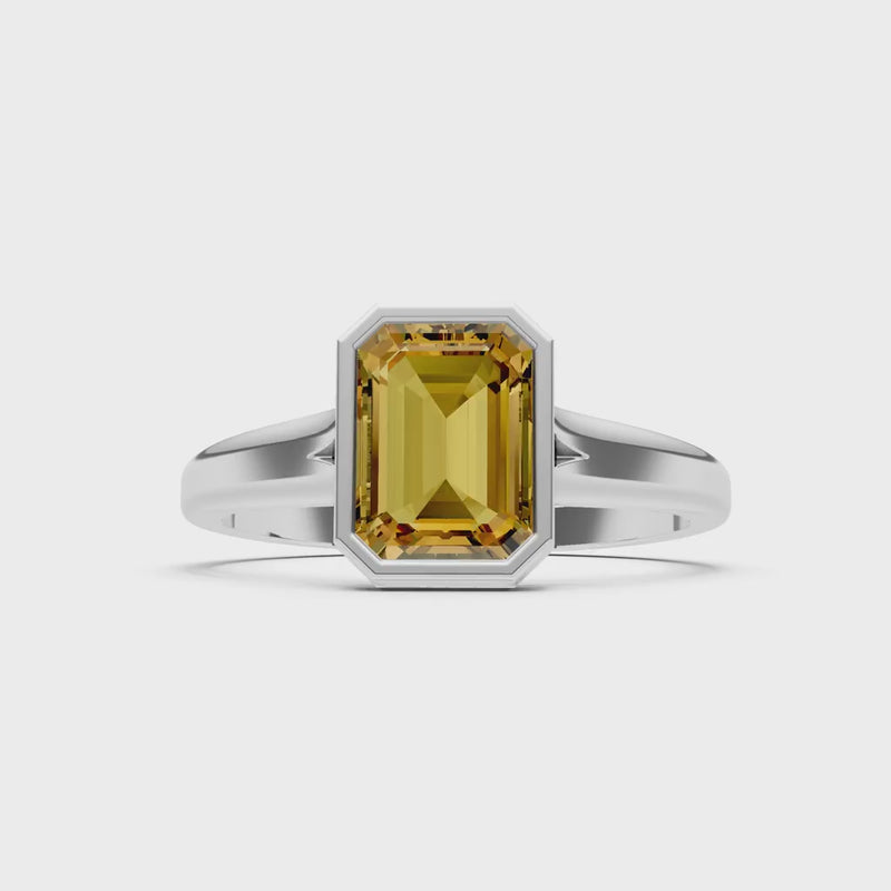 Citrine Emerald Cut Bezel Set Solitaire Ring
