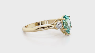 Paraiba Tourmaline and Lab Grown Diamond 3-Stone Trellis Ring 14K Gold 1.80 Carats Pear Shape