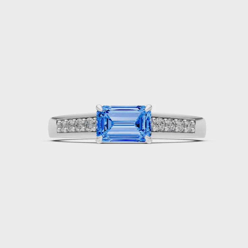 Swiss Blue Topaz East West Emerald Cut Gemstone Ring with Accents