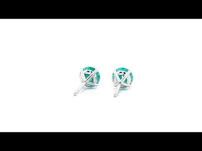 Video of  14K White Gold Created Paraiba Tourmaline Earrings, Classic Solitaire Studs, 2.50 Carats Round Shape E19404. Includes a Peora gift box. Free shipping, 45-day returns, authenticity guaranteed.
