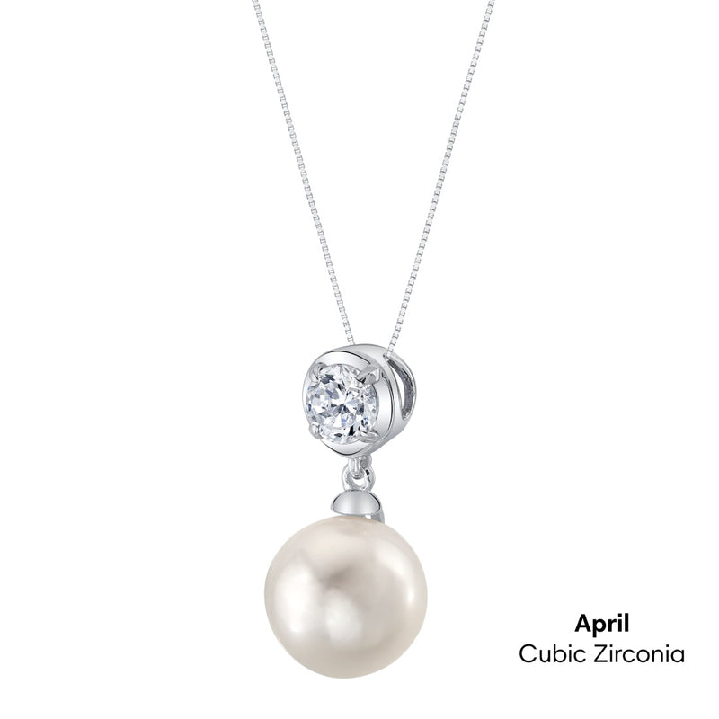 Simple Freshwater Cultured Pearl Birthstone Necklace in Sterling Silver - April Cubic Zirconia