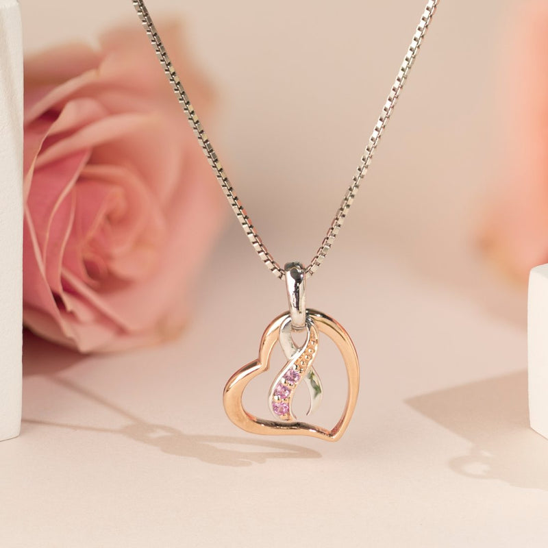 Sterling Silver Breast Cancer Awareness Hope Fight Survive Pendant Necklace with Created Pink Sapphire