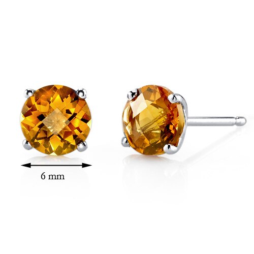 Citrine Stud Earrings 14 Kt White Gold Round Shape 1.75 Carats